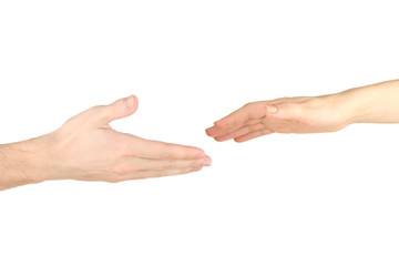 Women's hand goes to the man's hand on white background
