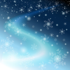 Fototapeta na wymiar Zimowe niebo z płatki śniegu, gwiazd i Droga Mleczna