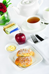 continental breakfast of danish pastry and tea