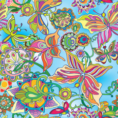 Decorative flowers and butterflies flying against the blue sky