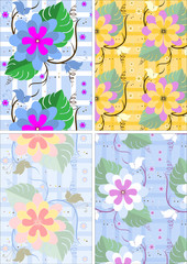 Variations seamless background with flowers and butterflies