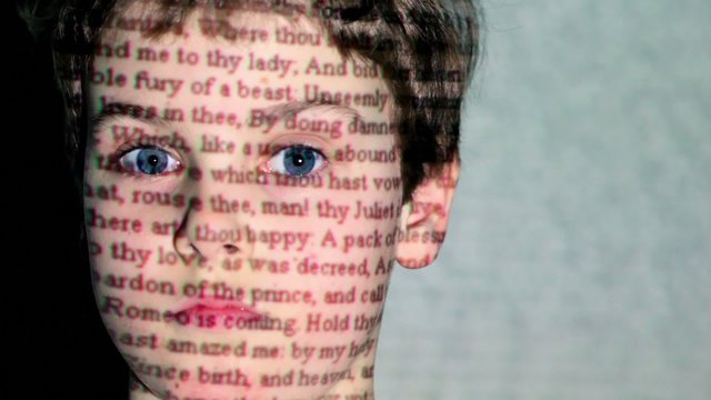 W. Shakespeare, Romeo and Juliet text projection on boy face
