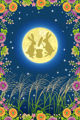 Fototapeta na wymiar (Frame kwiatów / królik walenie mochi / pełnia) noc z pełnią księżyca