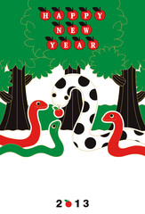 2013年巳年完成年賀状テンプレート（林檎狩りHAPPYNEWYEAR）赤緑黒茶