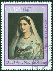 Stamp printed in Cuba shows Rafael "The veiled girl"