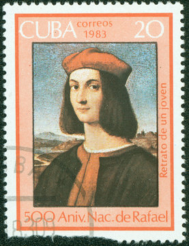 Stamp shows Raphael's painting "Portrait of a young man"