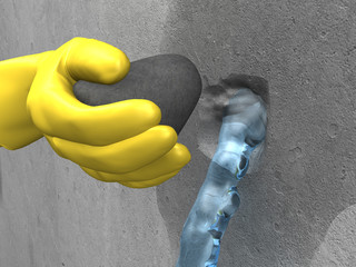 yellow-gloved hand put the plug (extra-rapid cement) in the hole