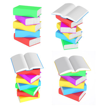 Set images of stacks of multicolored books with open books