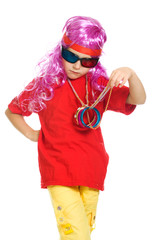 A girl in fancy clothes and 3d glasses