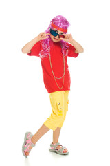 A girl in fancy clothes and 3d glasses