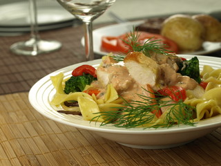 Restaurant dinner with tagliatelle salad