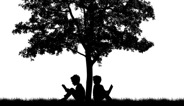 Silhouettes of children read book under tree