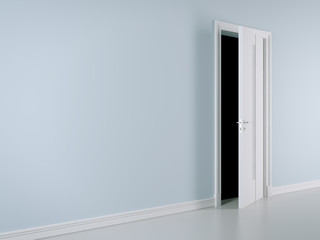 White door on blue wall