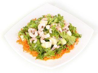 Delicious marinated shrimp in plate isolated on white