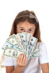 beautiful little girl with money, isolated on white