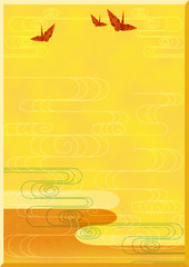 おめでたい和風背景ー金地に鶴、霞文・流水文