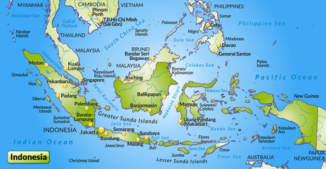 Landkarte von Indonesien mit Hauptstädten und Nachbarländern