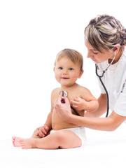 smiling doctor examining baby isolated on white background