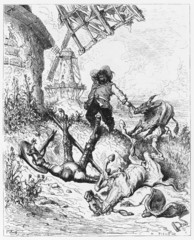 Don Quijote and Rocinante, after the battle with the windmill