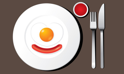 Fried egg heart shape and sausage vector on white plate