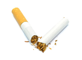 A cigarette broken in half on a white background