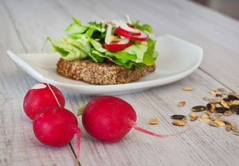 Fresh radishes with sandwich on background