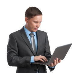 Business man with a laptop isolated over white