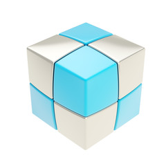 Copyspace cube of smaller silver and blue ones isolated