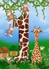 giraffe and monkeys