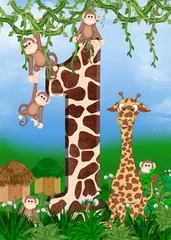 Papier Peint photo Zoo girafe et singes
