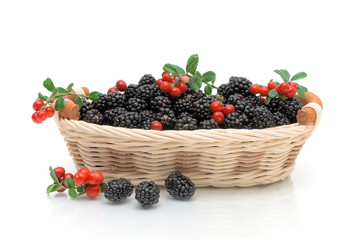 ripe and juicy blackberries and cranberries on a white backgroun