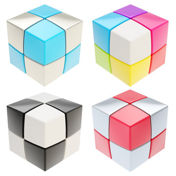 Cube made of colorful cubes isolated, set of four