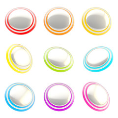 Chrome and rainbow colored glossy plastic round buttons