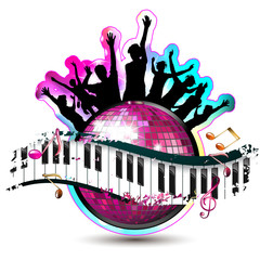 Piano keys with dancing silhouettes and disco ball