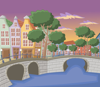 Fototapeta Buildings in Amsterdam with canals, bridge and dutch houses