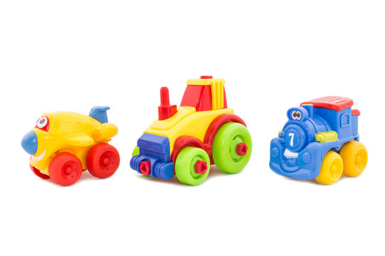 Set from three plastic toys - the plane, a tractor and a steam l