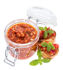 Bruschetta Sauce in a glass on white