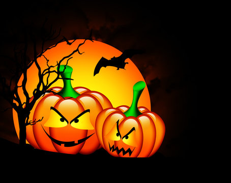 halloween pumpkins with moon over dark