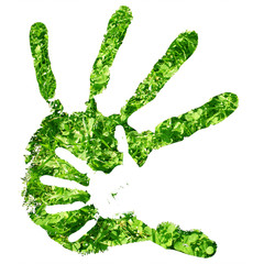 Conceptual hand print made of fresh green grass isolated