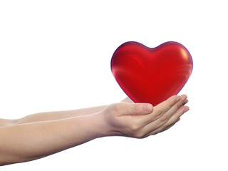 Obraz premium 3D red heart held in hands by an adult male