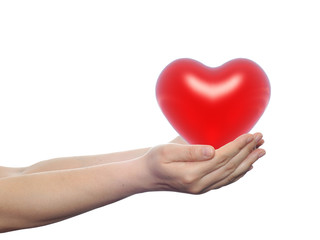 Obraz premium 3D red heart held in hands by an adult male