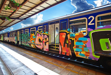 train with graffiti at the station. Zagreb.