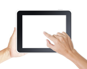Man hand touching screen on modern digital tablet pc