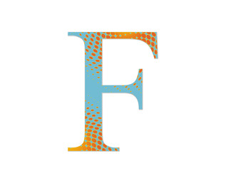 a blue letter with a gradient of red dots on a white ground