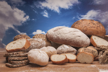 Baking goods on sky background