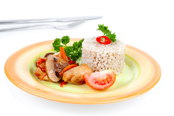 Fried mushrooms with chicken and vegetables, served with pearl b