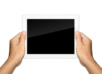 hands are holding and point on white Tablet PC Isolated