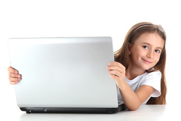 beautiful girl with laptop isolated on white