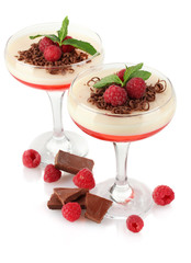 fruit jelly in glasses with chocolate and raspberries isolated