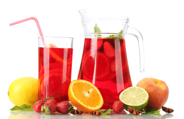 sangria in jar and glass with fruits, isolated on white
